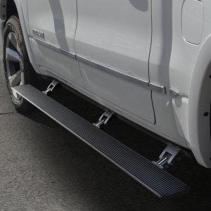 Ram 1500 Electric Running Boards - Go Rhino - VoltStep E1 Electric, 6-inch Width, Bedliner Coating - Black - `19-`24